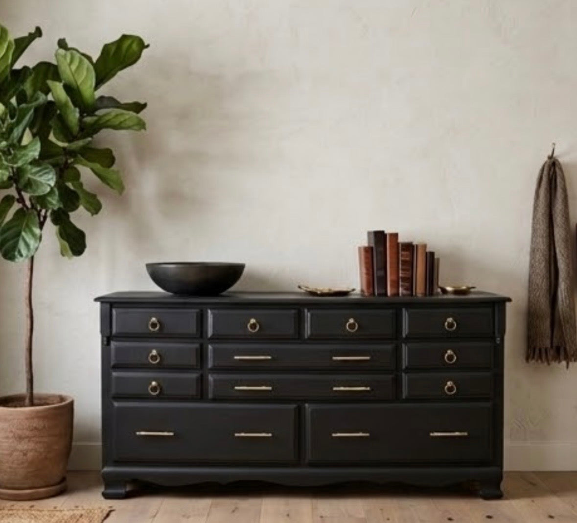Refinished 9-Drawer Dresser – Raven (Deep Blue/Black) Satin Finish – Gold Hardware – 58” w/ shipping