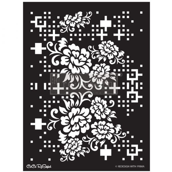 REDESIGN STENCIL – CECE FLORAL MATRIX 18×25.5 – SHEET SIZE 18″X25.5″, DESIGN SIZE 15.9″X21.3″- LASER CUT ON 16 MIL MYLAR