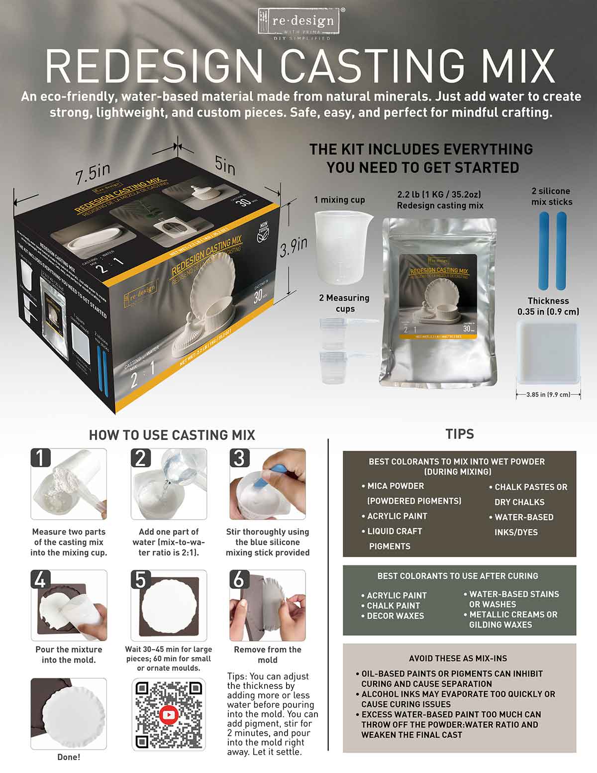 Redesign Casting Mix Kit – 1 bag of mix (2.2 lbs) + 1 silicone mixing cup + 2 plastic measuring cups + 1 silicone square coaster mould + 2 silicone mixing sticks