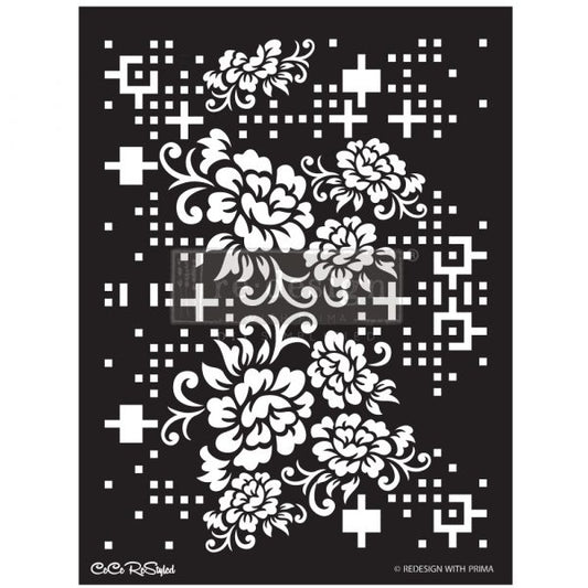 REDESIGN STENCIL – CECE FLORAL MATRIX 18×25.5 – SHEET SIZE 18″X25.5″, DESIGN SIZE 15.9″X21.3″- LASER CUT ON 16 MIL MYLAR