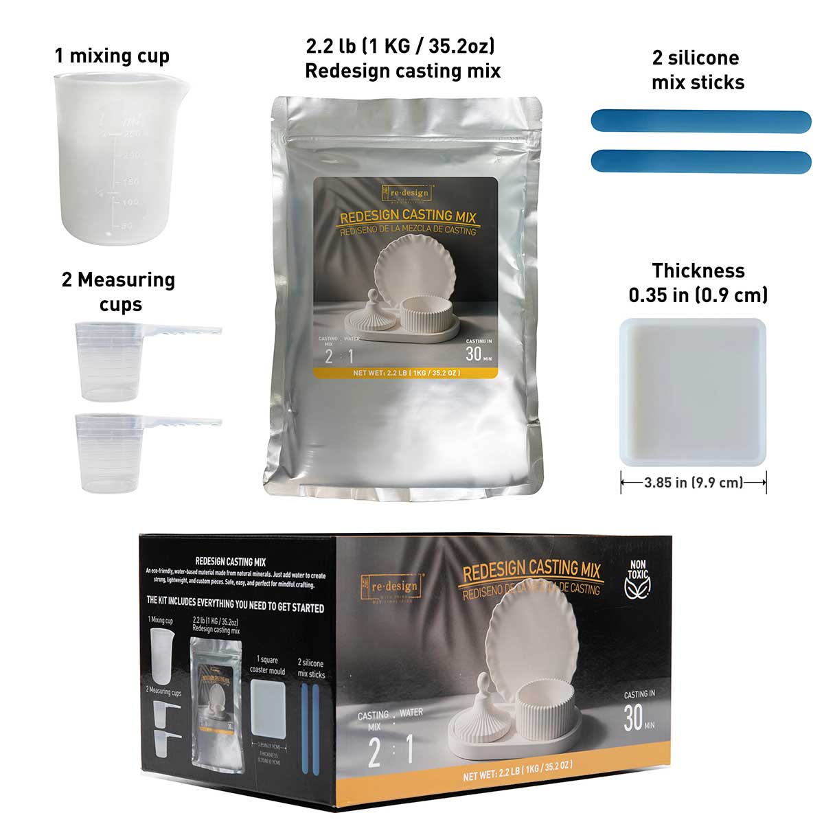 Redesign Casting Mix Kit – 1 bag of mix (2.2 lbs) + 1 silicone mixing cup + 2 plastic measuring cups + 1 silicone square coaster mould + 2 silicone mixing sticks